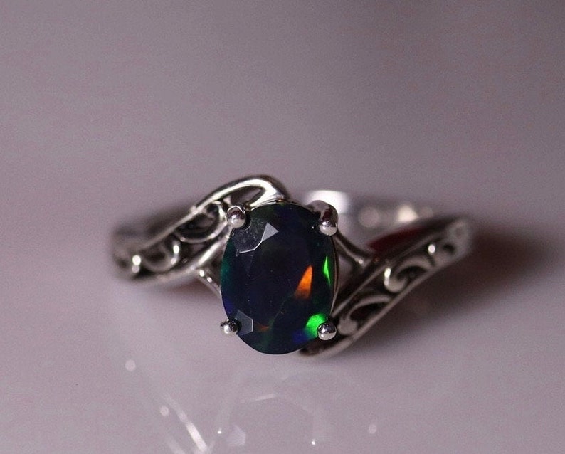 Natural black opal fire opal ring vintage silver jewelry | Etsy