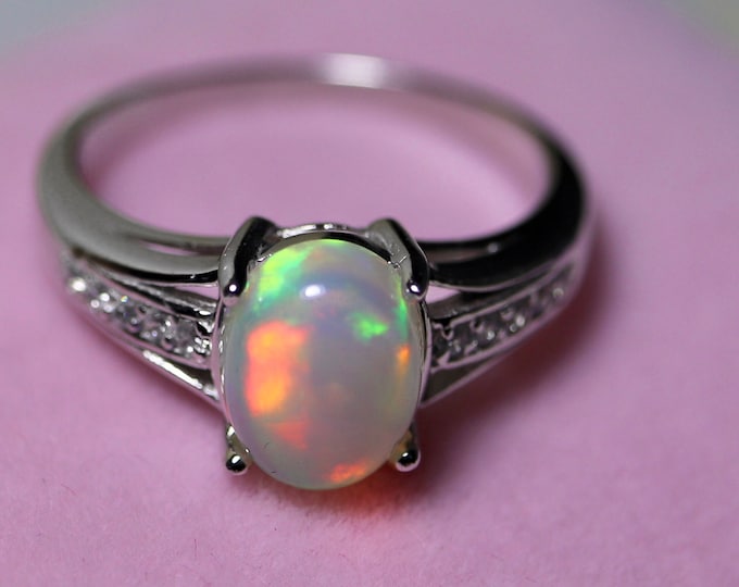 Pink Opal ring in Sterling Silver with white topaz paved band in 14k white gold filled finish - comfort band, rainbow opal 1.5ct