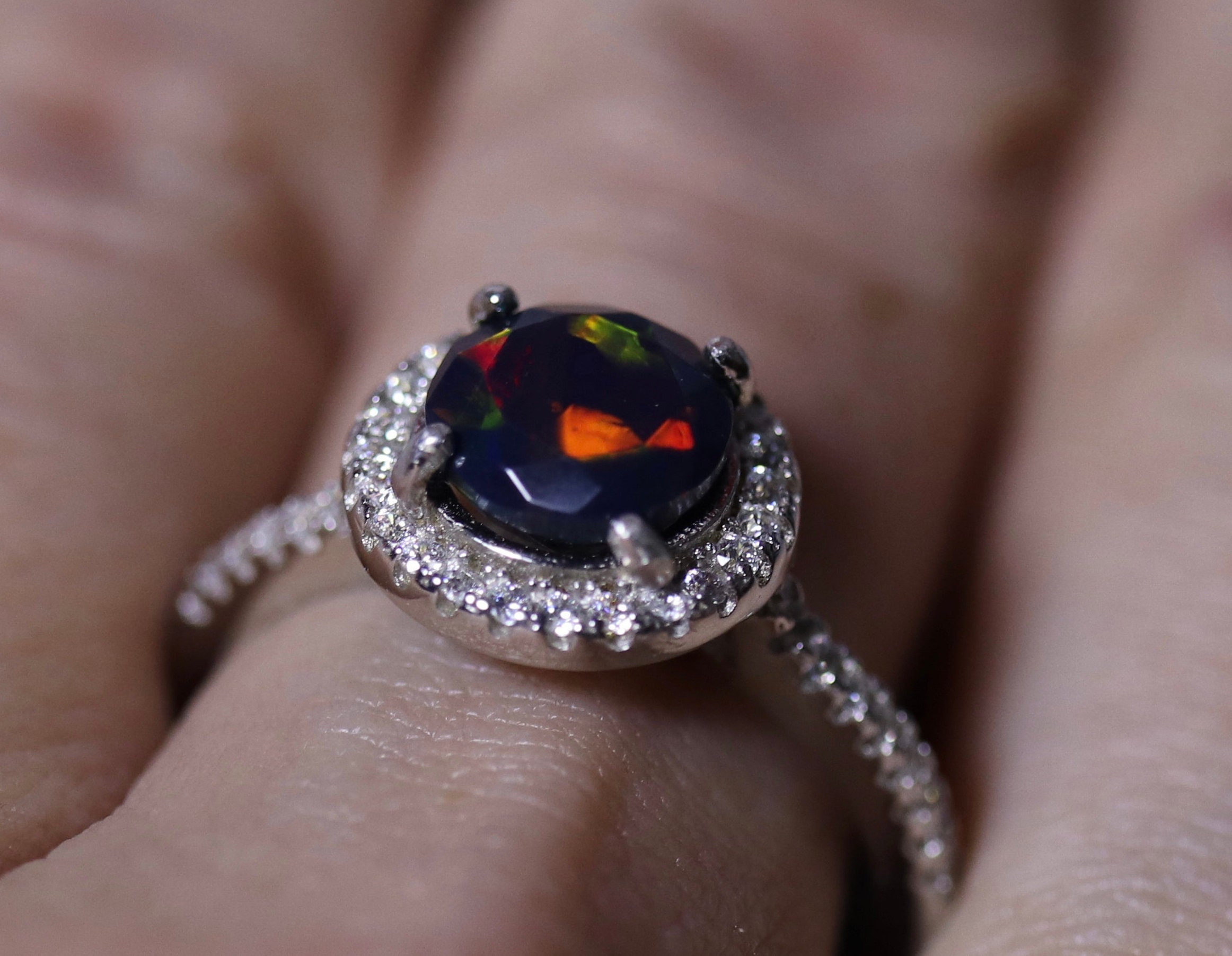 Black opal  bridal  set opal  halo ring  opal  engagement 