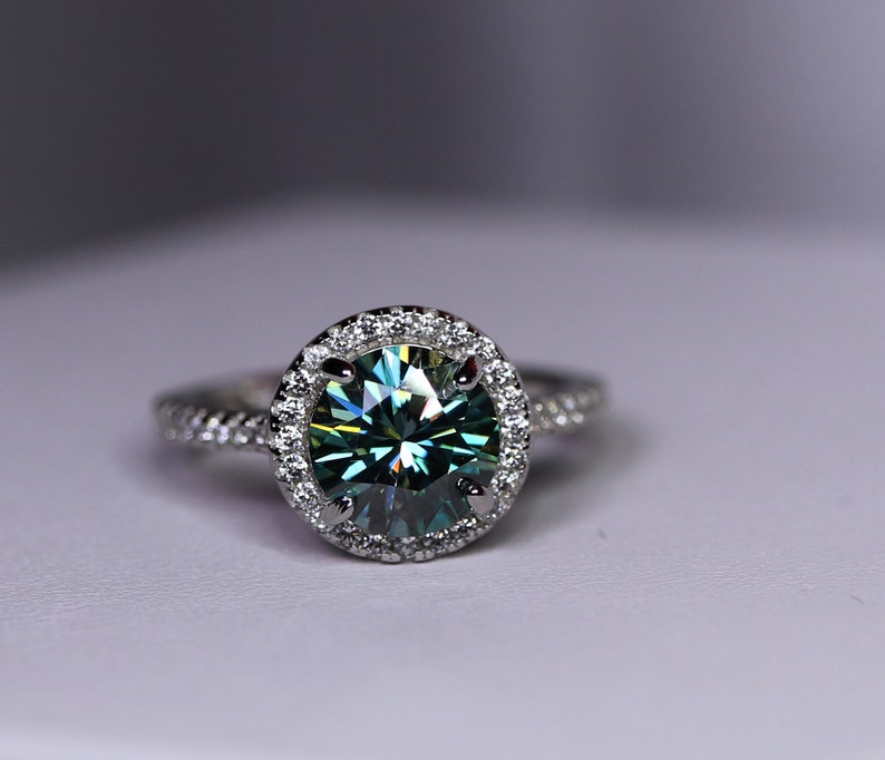 Halo Engagement Ring Round Moissanite Blue Moissanite - Etsy