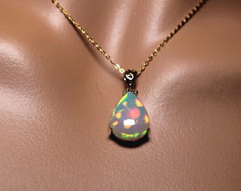 14k Gold Fire Opal Pendant Necklace in solid gold /Statement Necklace crafted with a genuine 6 ct Ethiopian Opal Stone with surreal colors