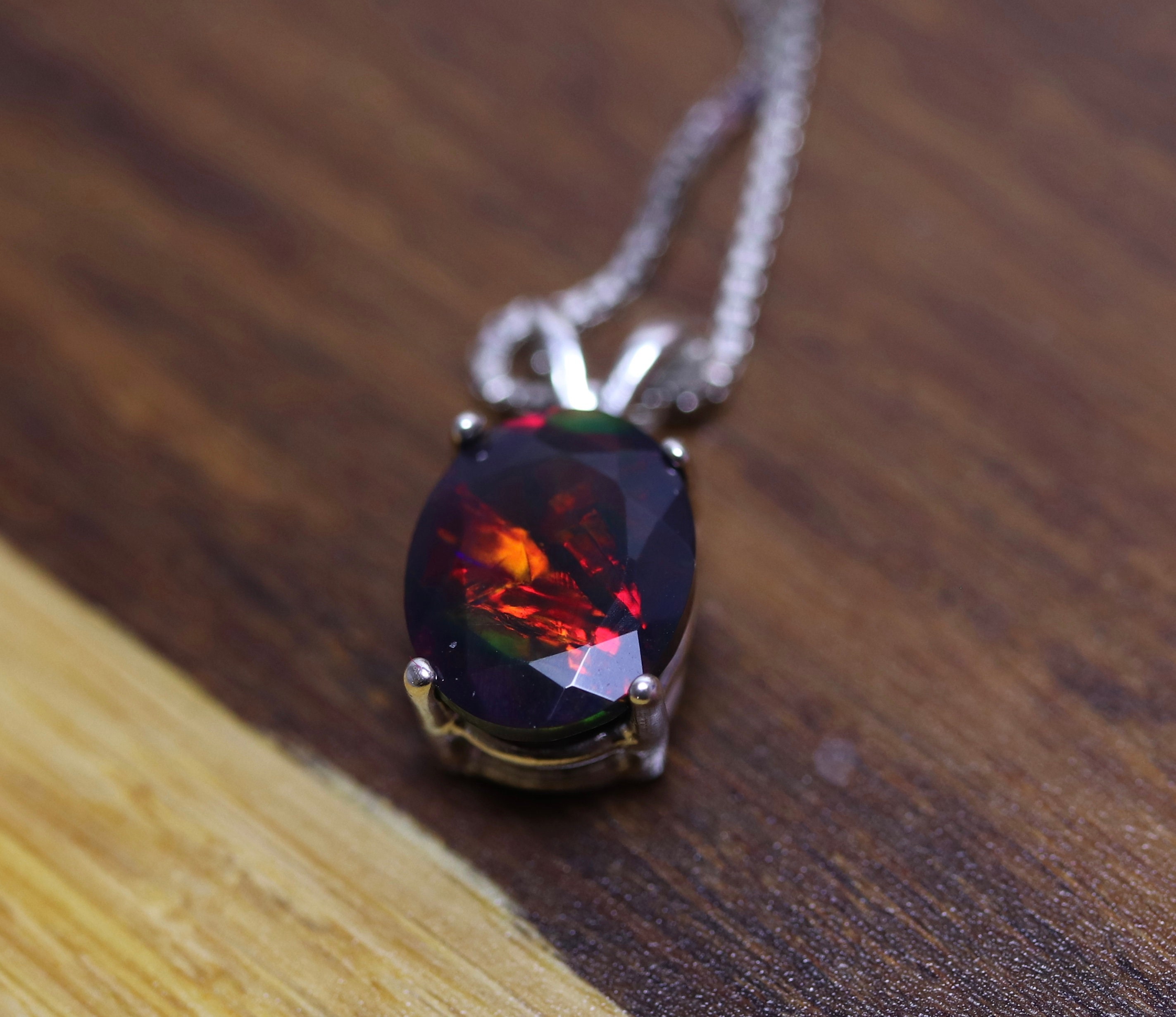 Black opal pendant, natural fire opal, black opal necklace, opal