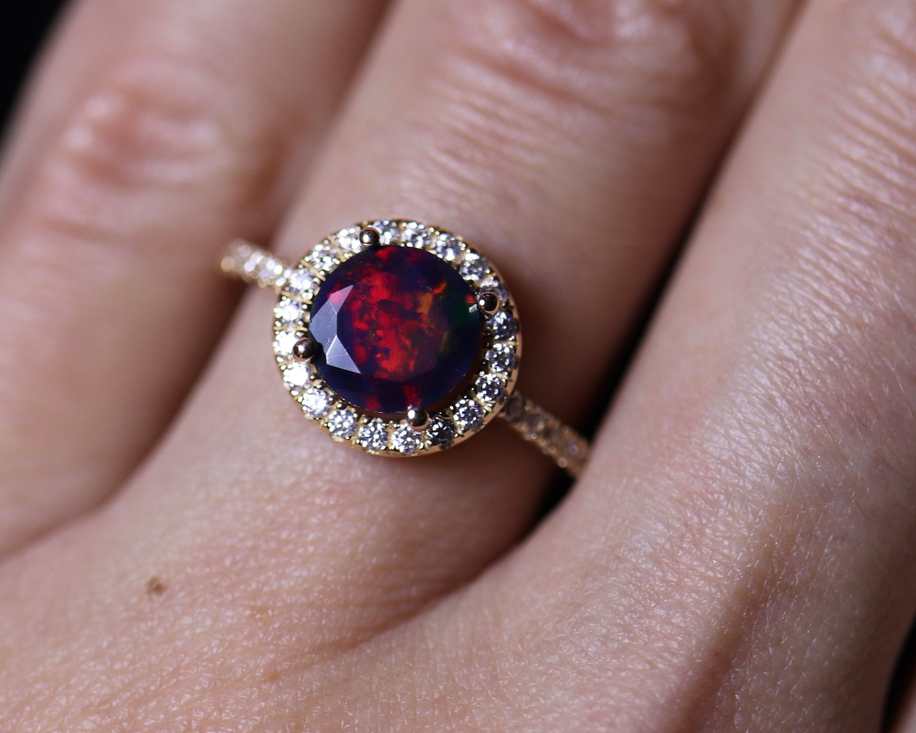 Gold engagement ring, natural black opal, halo gold ring, gold opal ring, genuine black opal ...