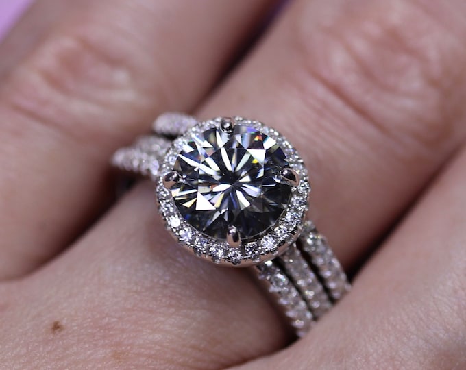 Gray moissanite halo engagement ring set, Art deco stackable wedding ring set, Half eternity diamond paved bridal set, vintage wedding ring