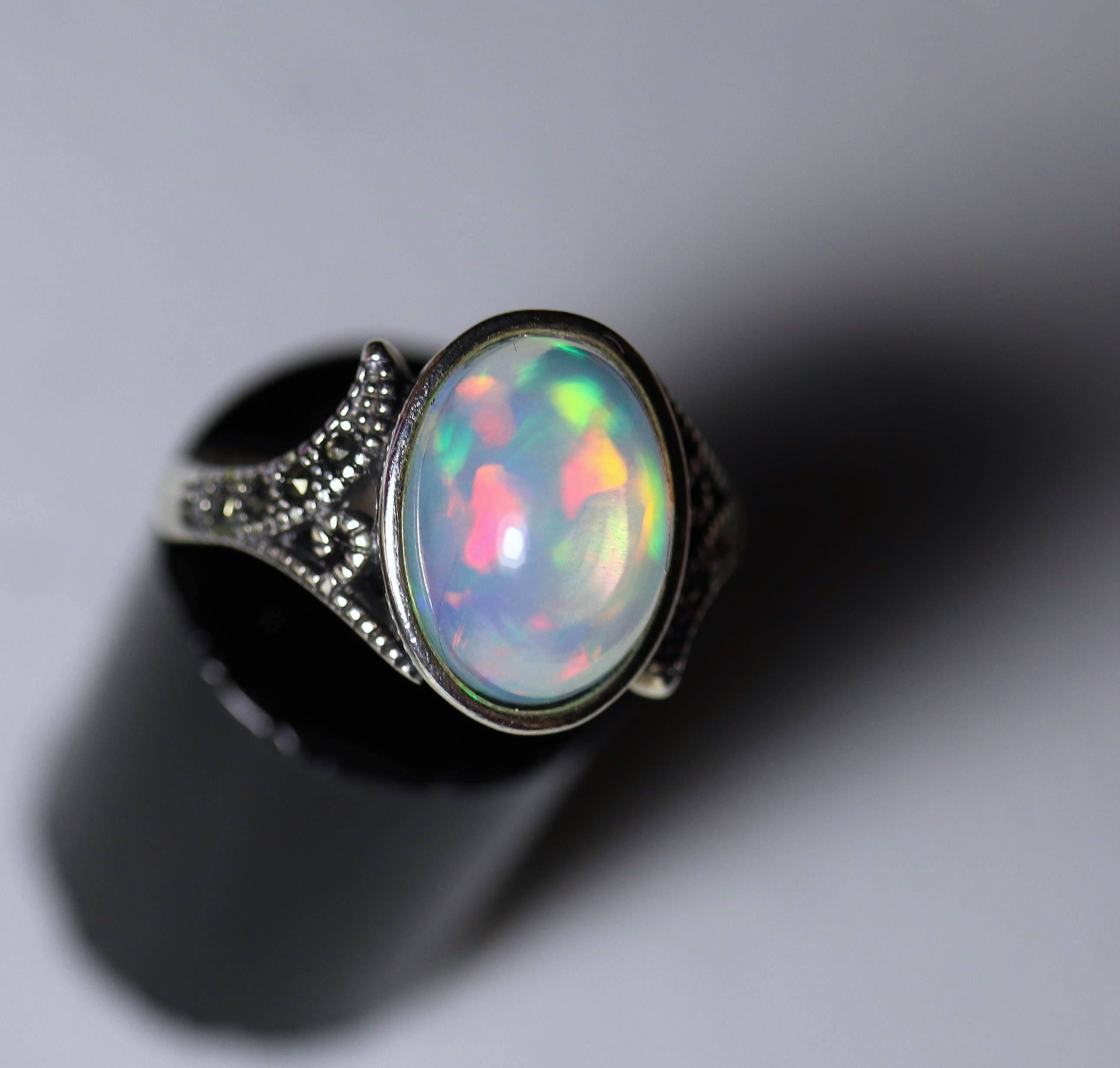 Unique fire opal ring, large opal ring, silver opal ring, genuine fire ...