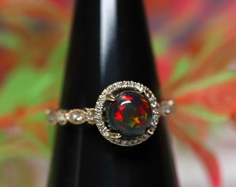 Black Opal Engagement Ring 14k Solid Gold/Opal Wedding Ring with Half Eternity Diamond Band/Yellow Gold Opal Bridal Set/Fire Opal ring gold