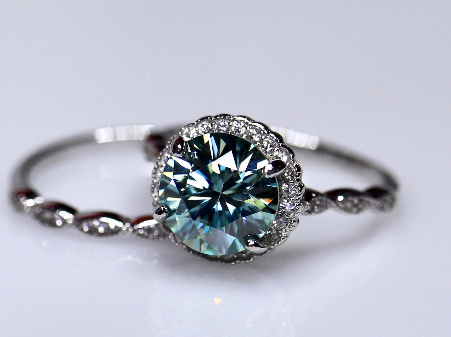 Blue moissanite ring, engagement ring, wedding ring set, grey ...