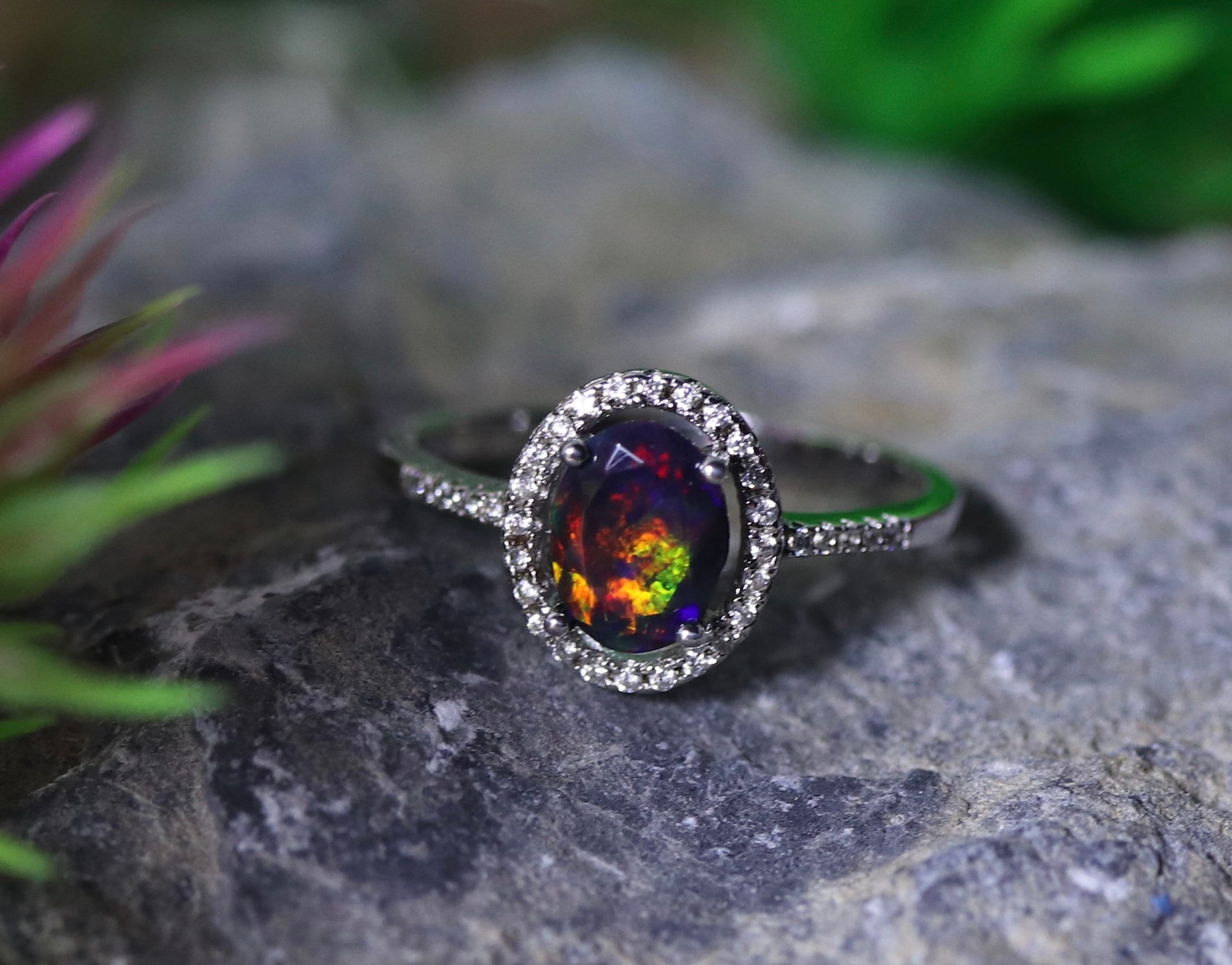 Black opal halo ring black fire opal ring opal bridal ring | Etsy Black opal halo ring black fire opal ring opal bridal ring | Etsy