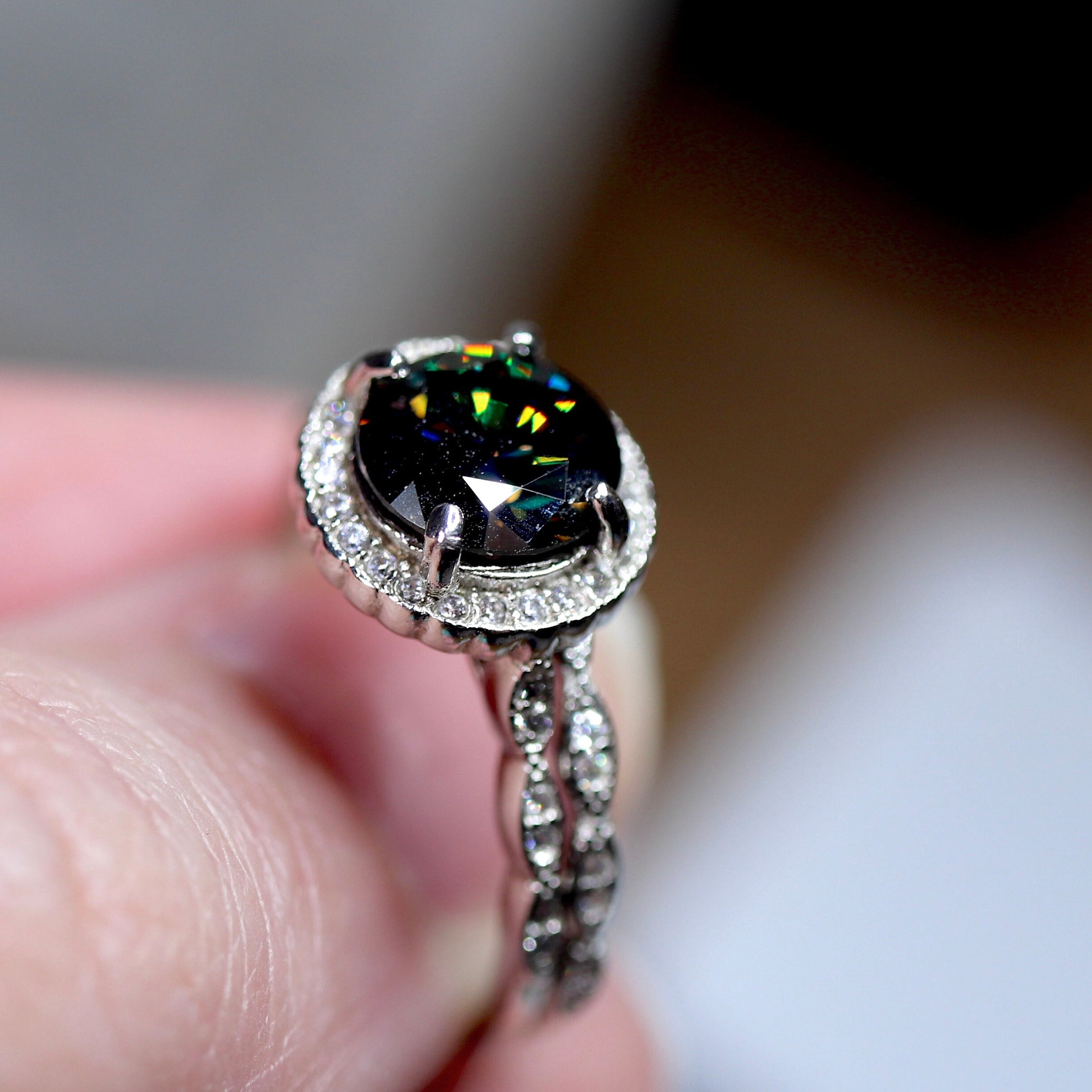 Black moissanite ring silver engagement style halo bridal set white gold plated finish 925 sterling silver Simulated diamonds