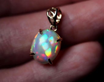 Natural Ethiopian Opal Pendant Necklace, Sterling Silver Classic Setting, 18" Chain