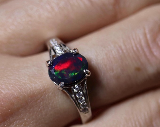 Black fire opal engagement ring in minimalist silver gemstone ring with a genuine black fire opal with red fire, unique wedding ring opal