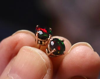 Dainty Genuine Black Opal Post Earrings in 14k gold 6mm round stud settings handcrafted with natural Fire opal stones, graduation gift