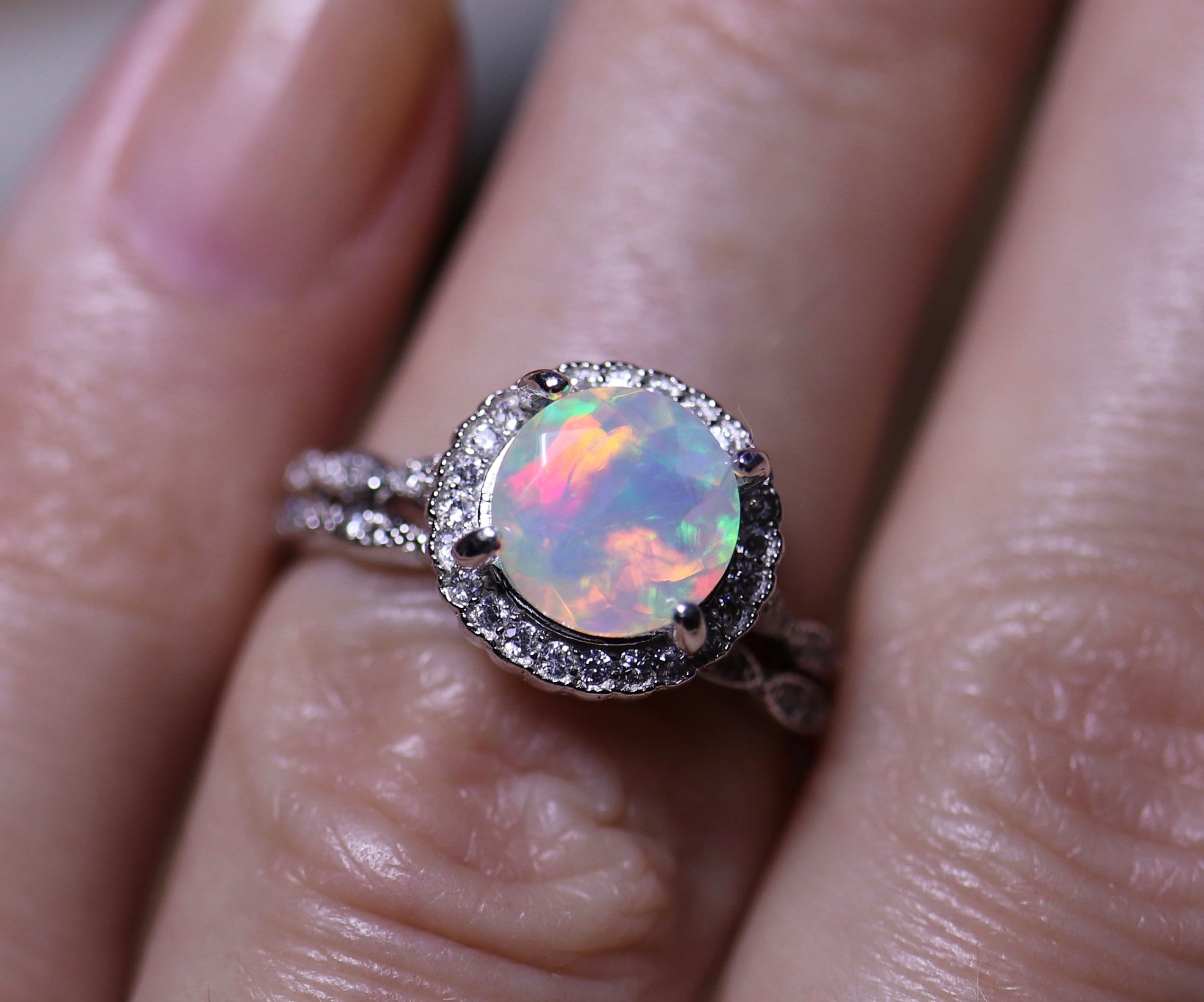 Halo opal ring, 14k white gold, engagement ring, Art Deco opal ring ...