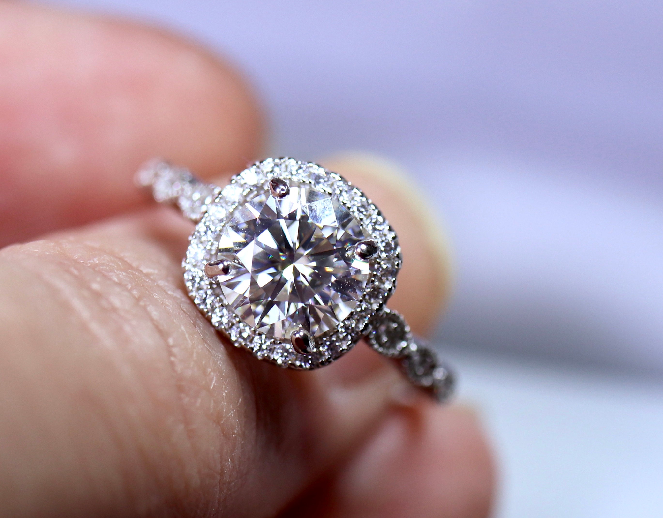 Cushion moissanite ring, halo engagement, bridal set, white moissanite ...