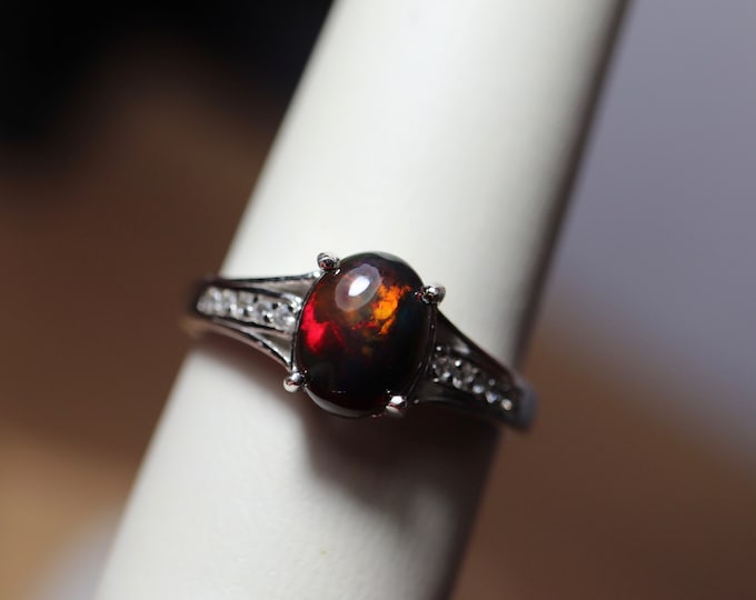 Black opal ring, black fire opal, opal cabochon, natural fire opal, black gemstone, silver opal ring, opal promise ring, birthstone ring,