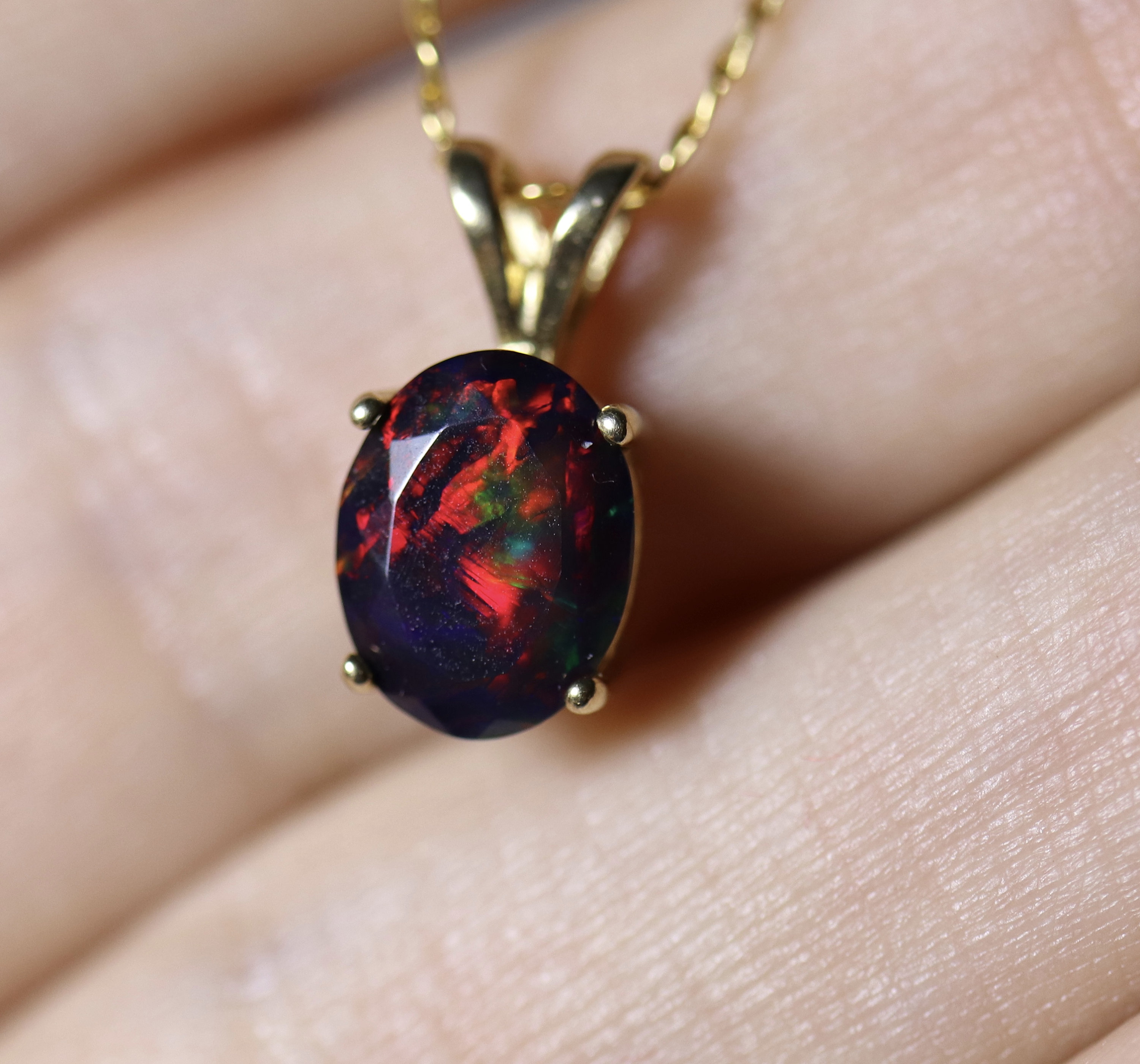 Fire opal necklace, black opal pendant, gold opal jewelry, red black ...