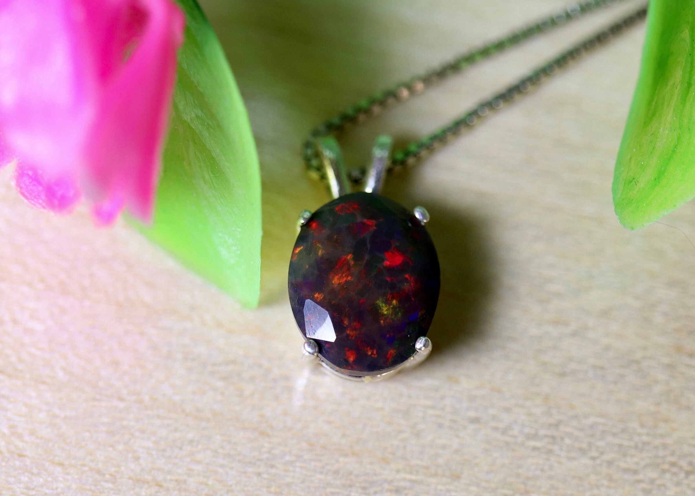Natural opal necklace, fire opal pendant, genuine black fire opal ...
