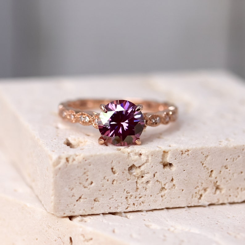 Purple Moissanite Engagement Ring Art Deco Solid Gold Wedding Ring set Diamond bridal ring set in 14k rose gold vintage style, imagen 4