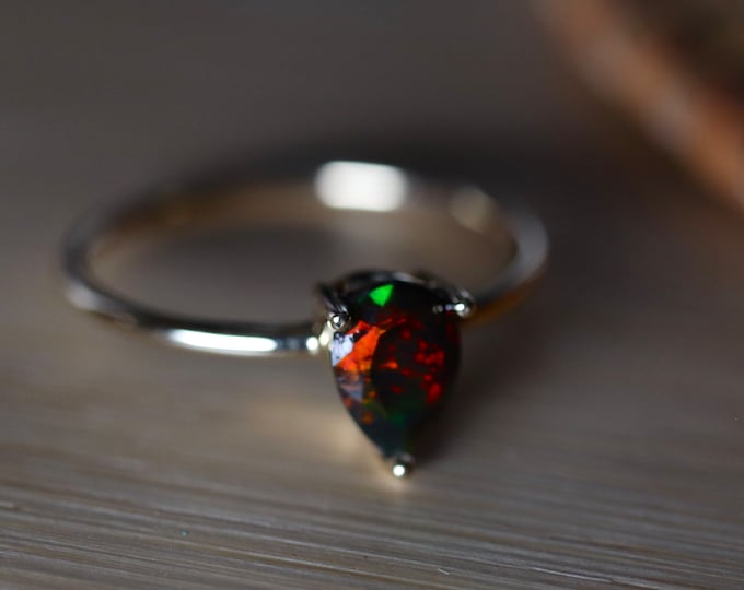 Tiny opal ring, Teardrop ring, 14k solid gold, designer jewelry, genuine opal, black opal rings, unique jewelry gift, stackable ring, opal