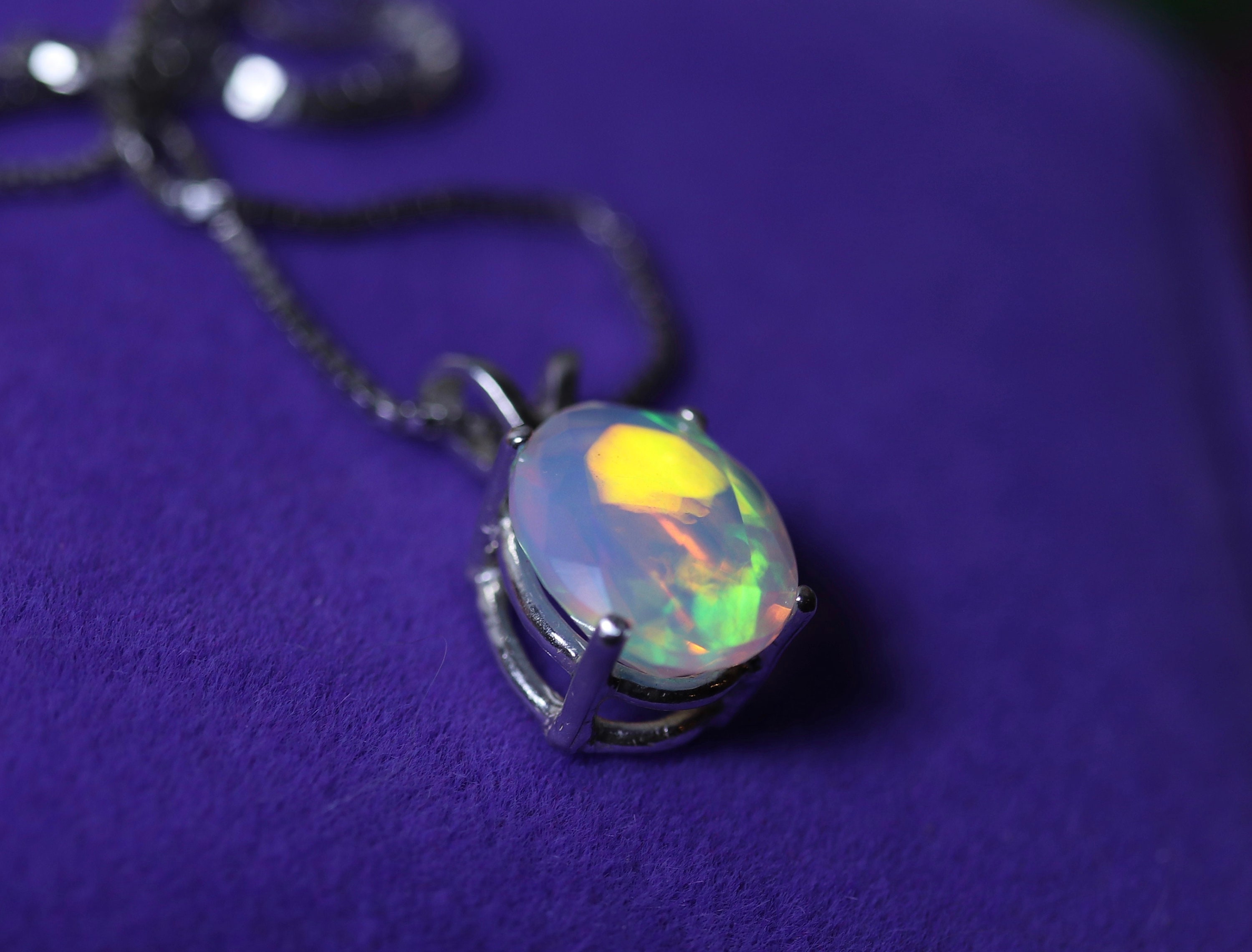 Green opal necklace, genuine opal, simple necklace silver, gemstone pendant, 14k white gold