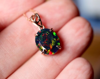 Rose gold opal necklace made with a natural Ethiopian Opal 11x9mm oval cut gemstone in 14k gold/Black opal jewelry/birthstone necklace