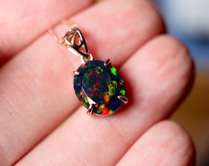 Rose gold opal necklace made with a natural Ethiopian Opal 11x9mm oval cut gemstone in 14k gold/Black opal jewelry/birthstone necklace