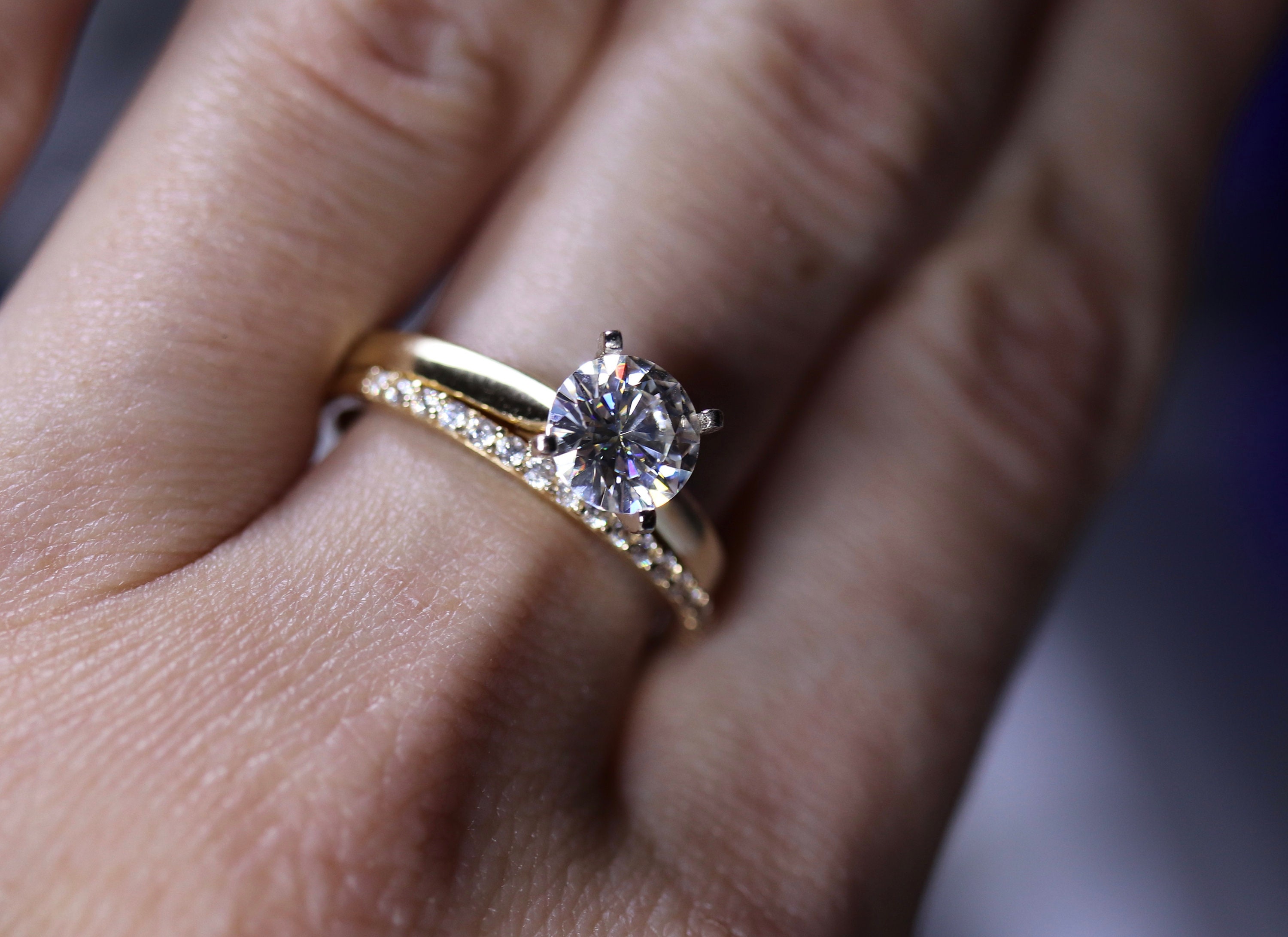 Cathedral style ring, gold engagement, moissanite wedding