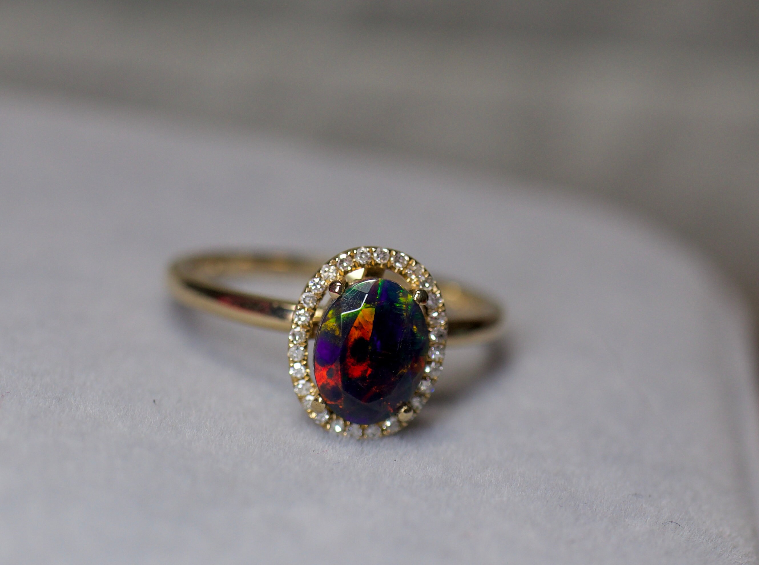Gold opal ring, black opal ring set, halo engagement