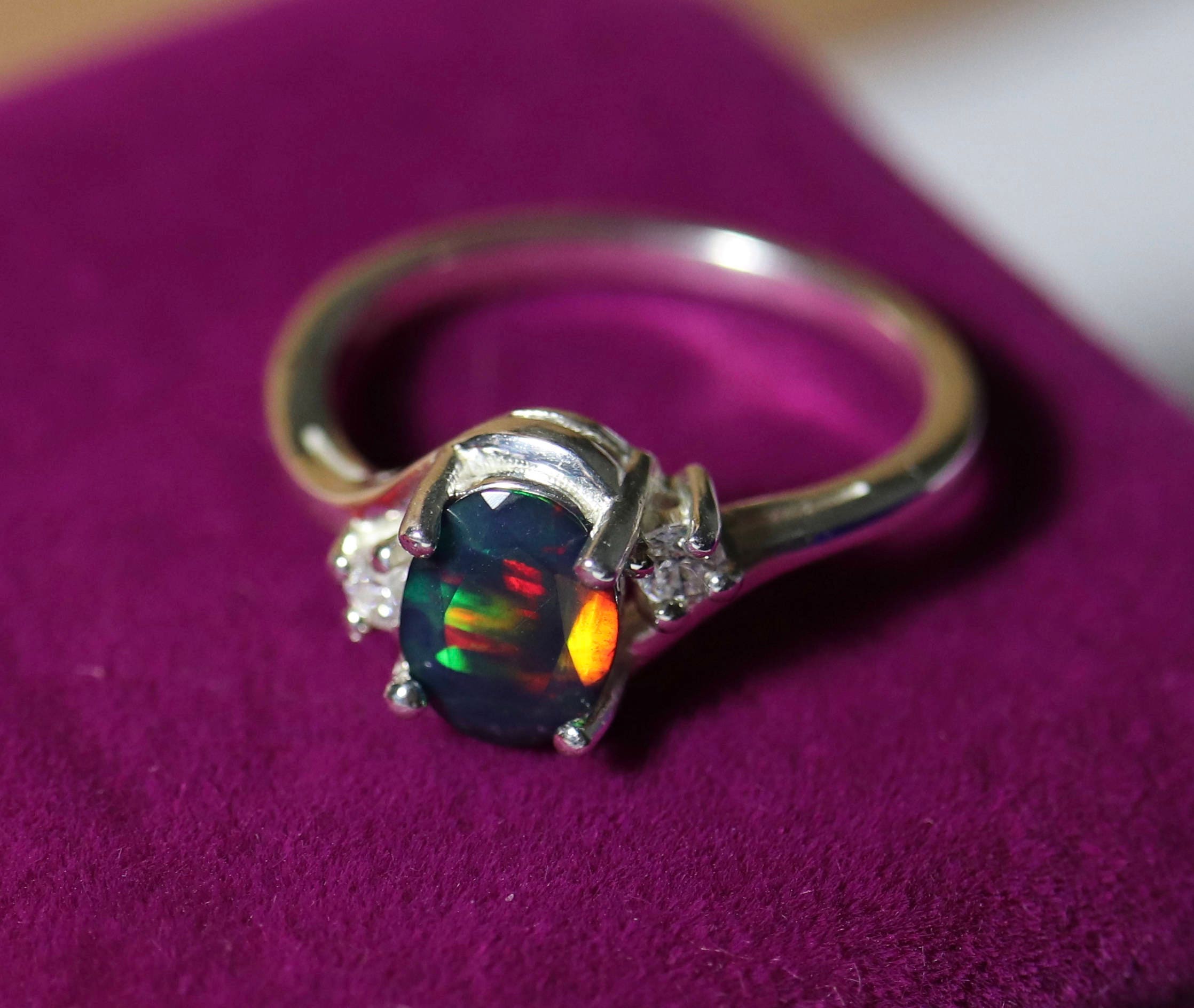 Black Opal ring, MIXED fire colors AAA fire opal, CZ accented setting