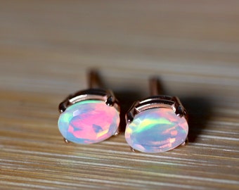 Rose gold studs, gold opal stud earrings in solid gold with oval pink natural opal stones, sterling silver studs, white gold earrings, opal