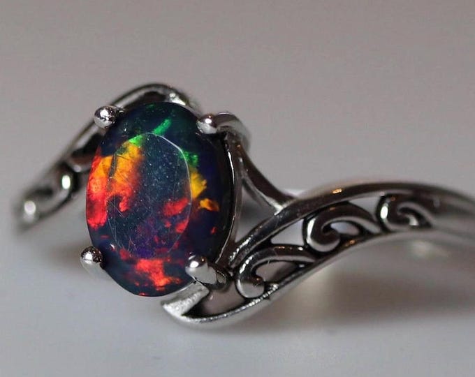 Natural black opal, fire opal ring, vintage silver jewelry, unique rings, opal jewelry, genuine opal ring, October birthstone, opal rings