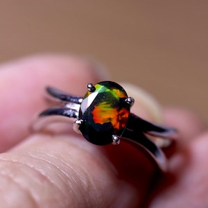 Dainty Black Opal Ring in Sterling silver- white gold filled ring with a black fire opal 1ct oval stone - October birthstone, black jewelry