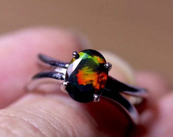 Dainty Black Opal Ring in Sterling silver- white gold filled ring with a black fire opal 1ct oval stone - October birthstone, black jewelry