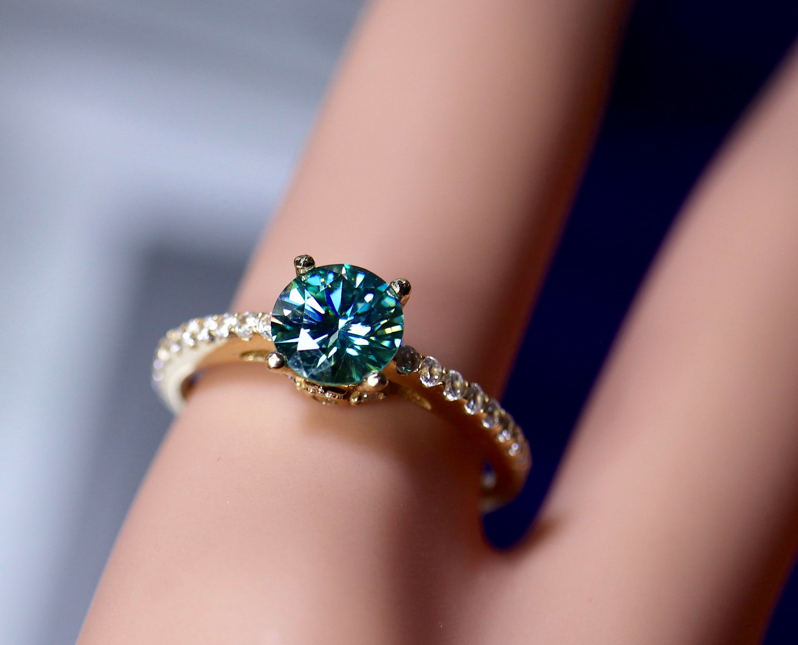 Gold moissanite ring, moissanite solitaire, blue moissanite ring, gold