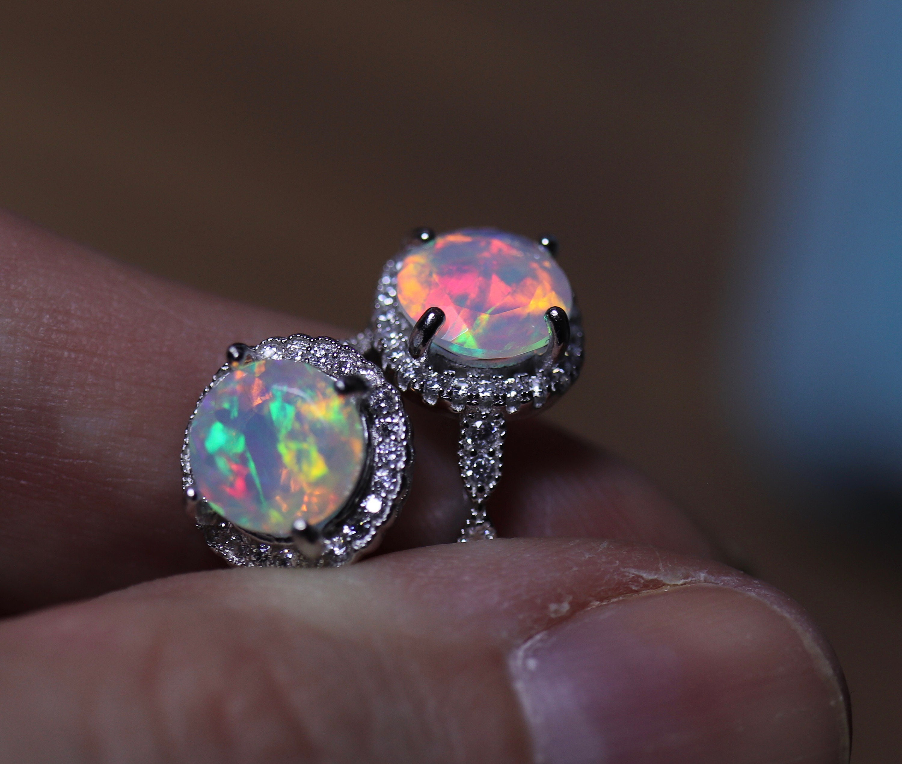 Opal bridal set, halo opal ring, cushion halo ring, genuine opal, Art