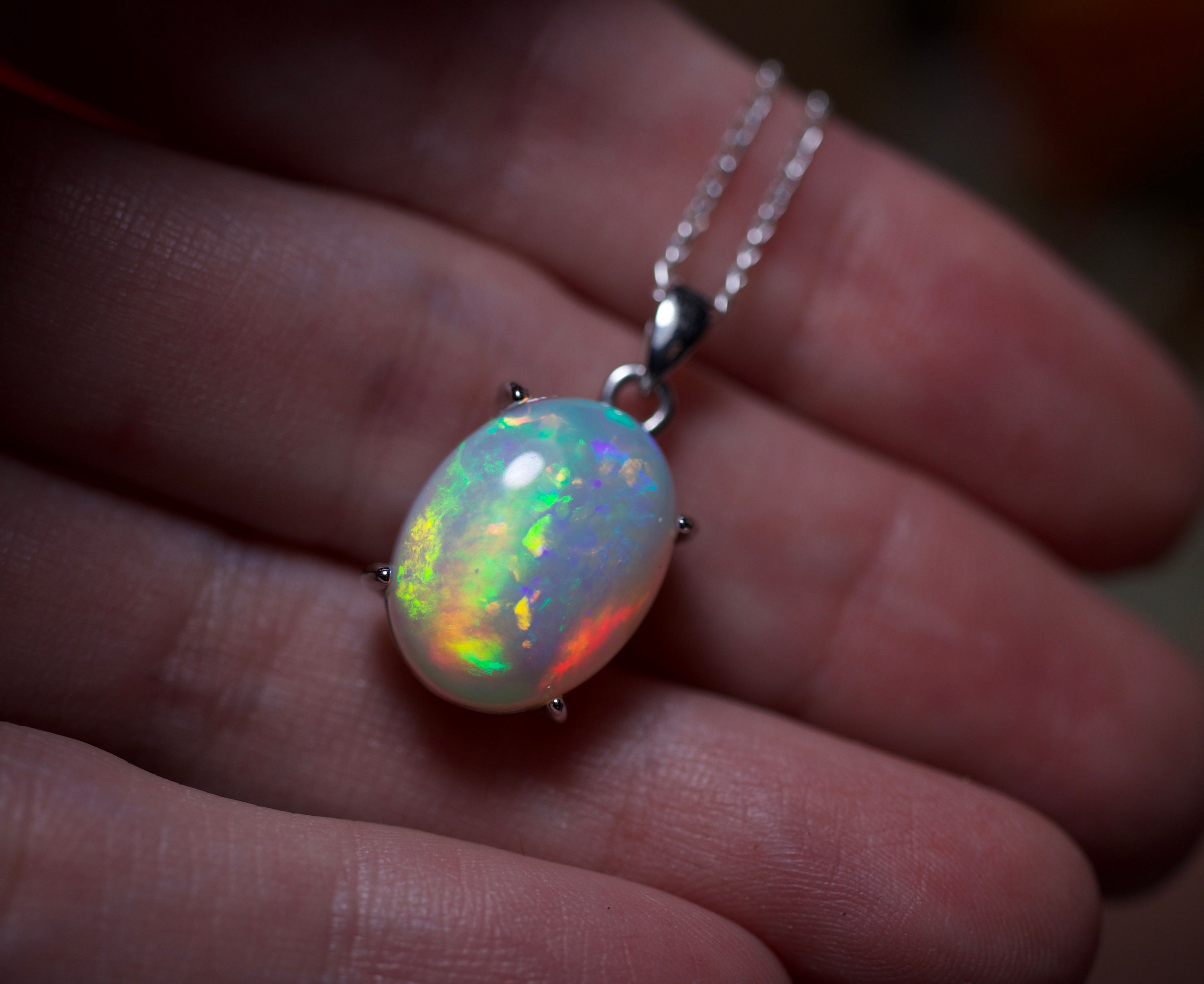 Large opal pendant, fire opal necklace, white opal, silver opal pendant ...