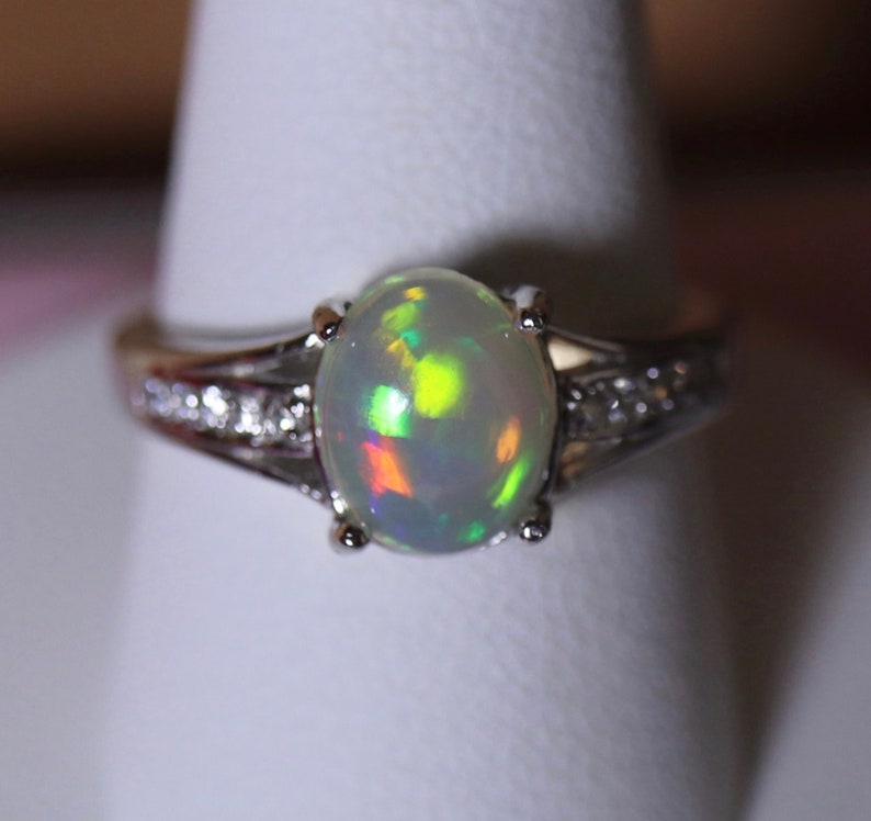 Glowing green fire opal ring anniversary gift custom wedding ring elegant opal ring original design rings silver opal engagement ring