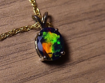 Black Opal Necklace with Genuine Ethiopian Opal in 9x7mm cut/ Silver Opal Pendant Necklace 18 inch chain/ Gemstone Necklace/Graduation Gift