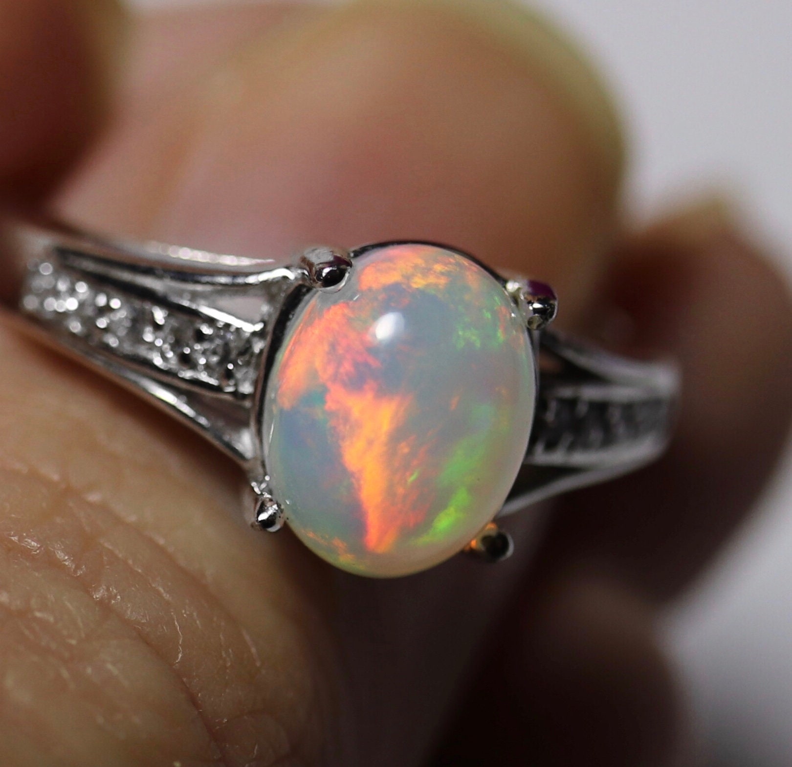 Rainbow opal ring, white opal ring, natural fire opal, opal engagement