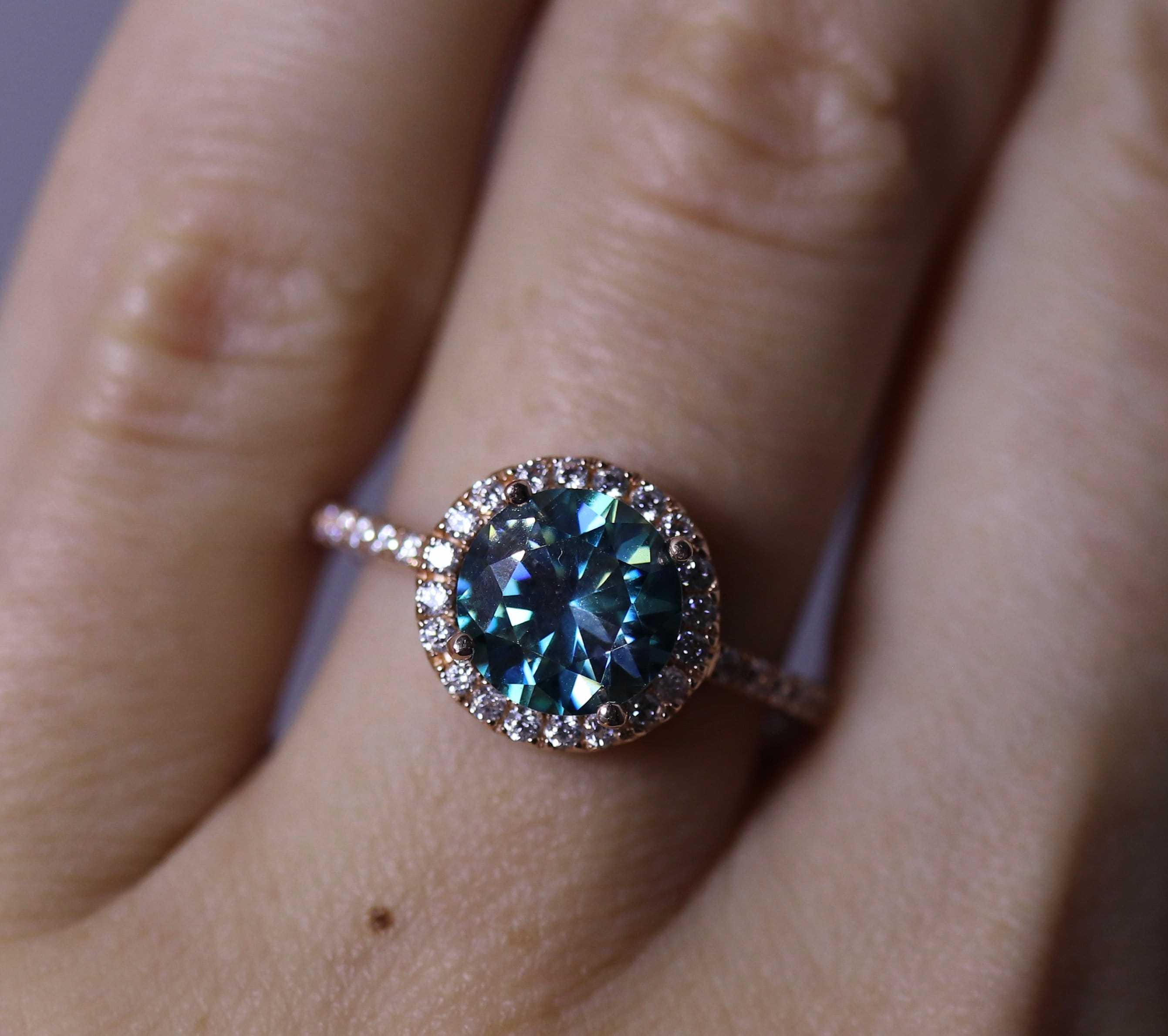 Round moissanite  ring  halo gold ring  blue moissanite  