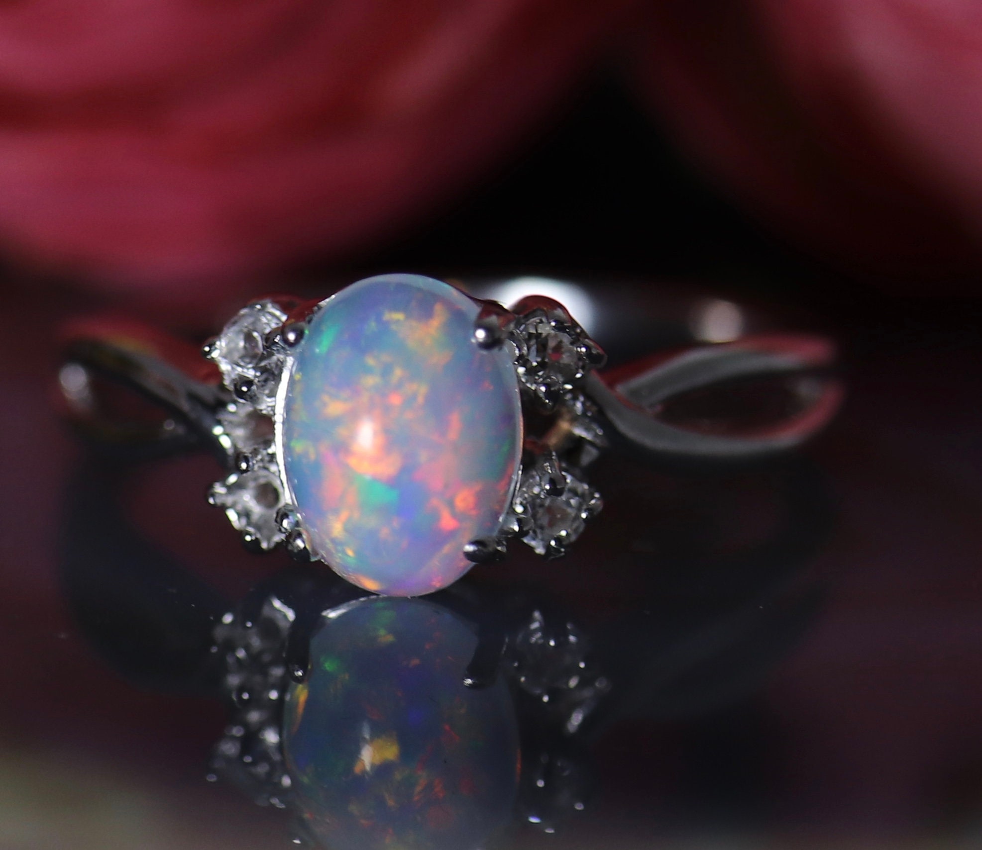 Wonderful glimmering fire opal, unique color palette, dainty opal ring ...