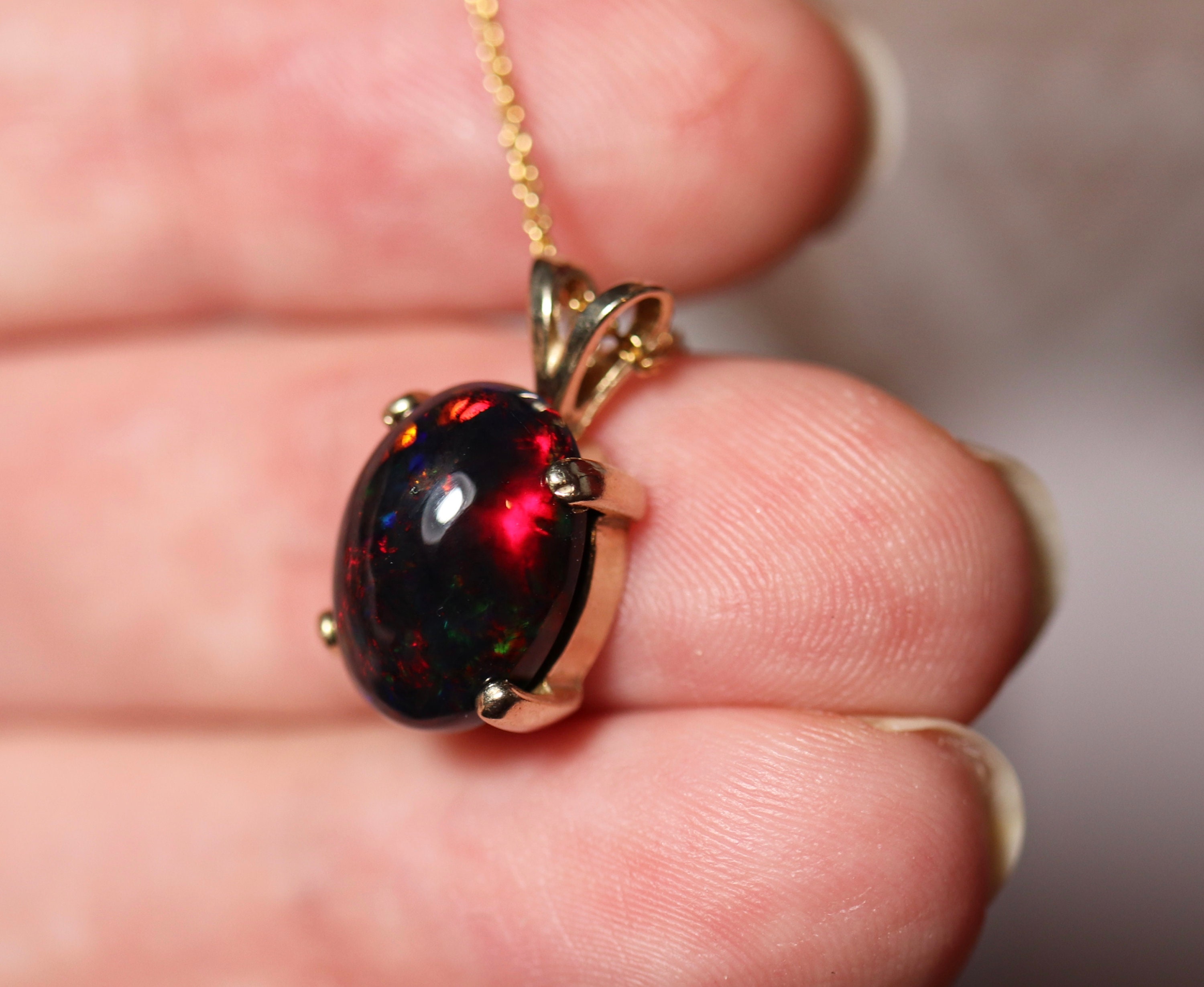 Fire opal necklace, black opal pendant, gold opal jewelry, red black