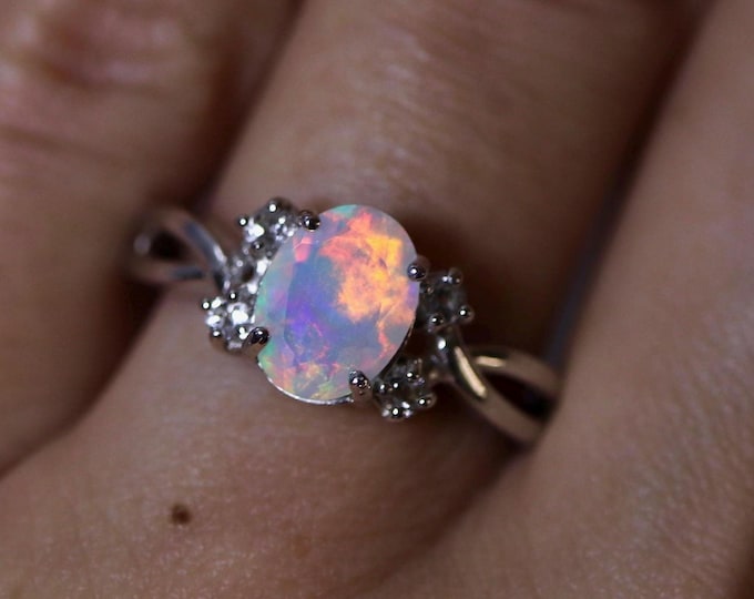 Natural fire opal silver engagement ring - pink color raw Ethiopian opal stone set in a unique cluster ring setting with 4 diamond accents