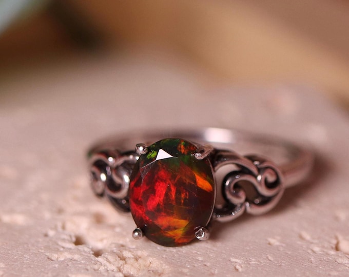 Black Fire Opal Silver Ring Handcrafted with 9x7mm Natural Black Opal in Victorian Ring setting, black opal ring, fire opal ring silver