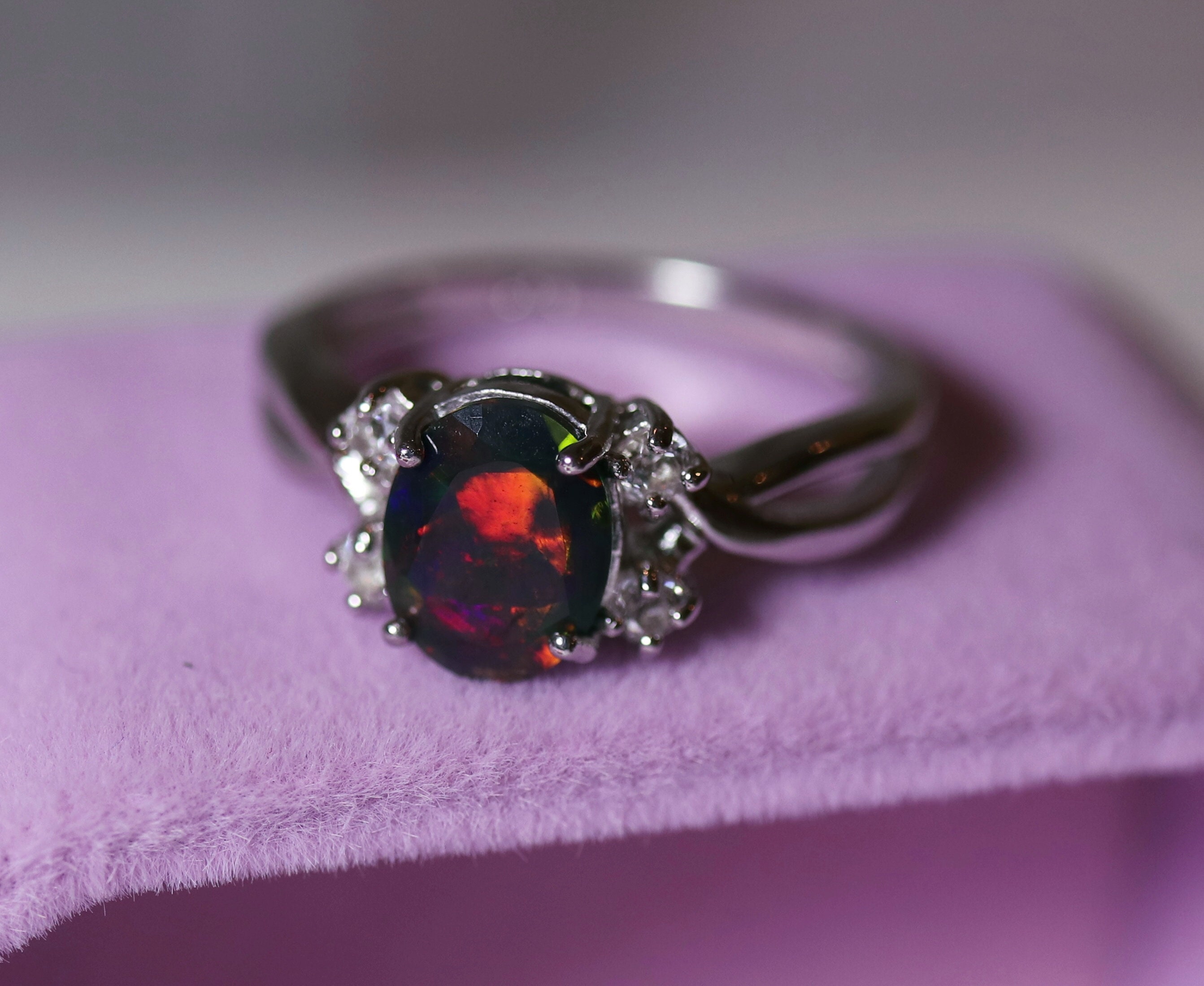 Natural black fire opal engagement ring made w white topaz accent