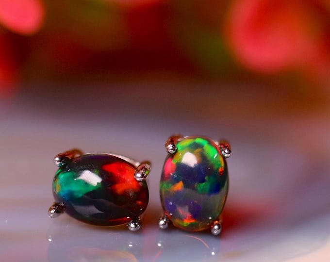 Fire Opal Earrings made with Genuine Black Opal Gemstones in Sterling Silver Minimalist Studs settings/Black Opal Studs/ birthstone earrings