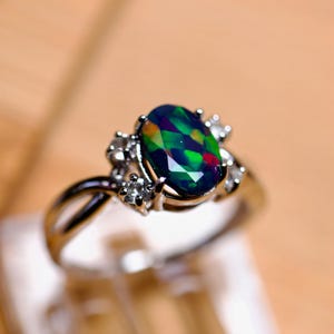 Natural Black Fire Opal Promise Ring with 4 Diamond Accents in Sterling Silver, Gold Finish | Unique Black Opal Engagement Ring