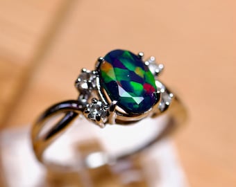 Natural Black Fire Opal Promise Ring with 4 Diamond Accents in Sterling Silver, Gold Finish | Unique Black Opal Engagement Ring
