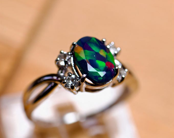 Natural Black Fire Opal Promise Ring with 4 Diamond Accents in Sterling Silver, Gold Finish | Unique Black Opal Engagement Ring