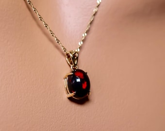 Dainty Opal Necklace in Solid 14k Yellow Gold, Natural Black Fire Opal Gemstone, Genuine Black Opal, Necklace for Women, Opal Jewelry 14k